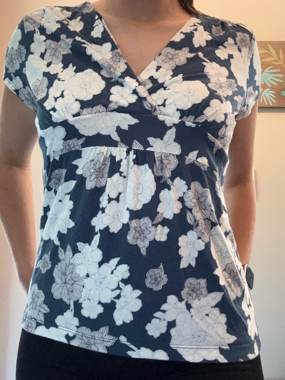 a.n.a Navy Floral Wrap-Style Short Sleeve Top